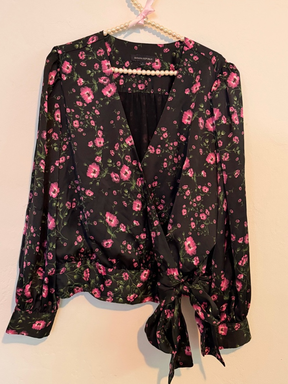 Banana Republic Black Wrap Blouse with Pink Floral Print Large Office